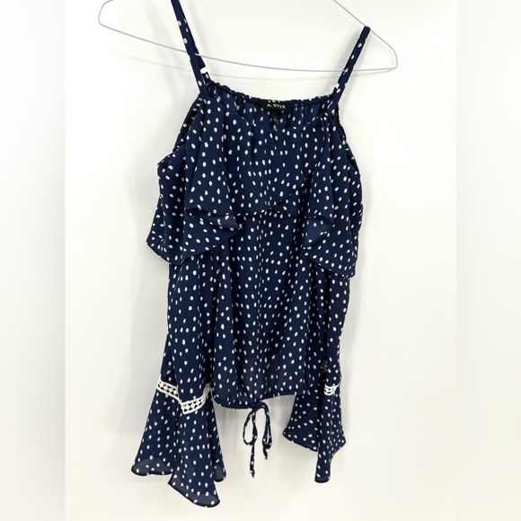 A. Byer Navy Polka Dot Off the Shoulder Long Sleeve Blouse Size Large - Picture 12 of 14